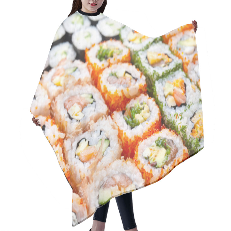 Personality  Variety Of Japanese Sushi Rolls. Hair Cutting Cape