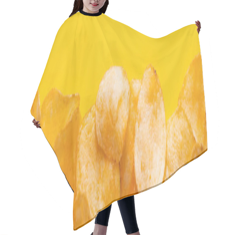 Personality  Top View Of Delicious, Crunchy And Salty Potato Chips On Yellow, Banner Hair Cutting Cape