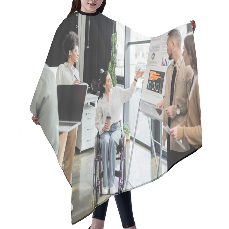 Personality  Inclusion Concept, Woman In Wheelchair Showing Charts To Interracial Business People In Office Hair Cutting Cape