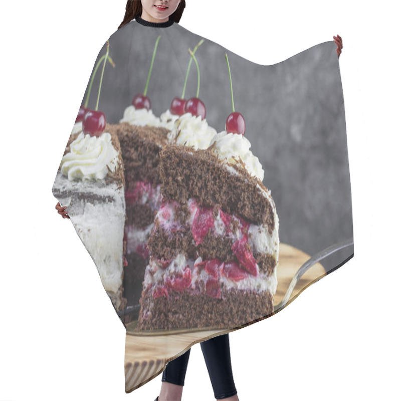 Personality  Detail On A Slice Of A Black Forest Cake, Or Traditional Austria Schwarzwald Cake From Dark Chocolate And Sour Cherries On Wooden Tabl Hair Cutting Cape