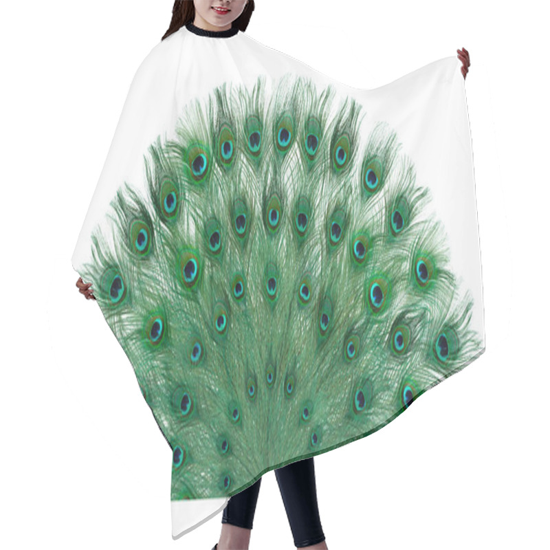 Personality  Beautiful Bright Peacock Feathers On White Background Hair Cutting Cape