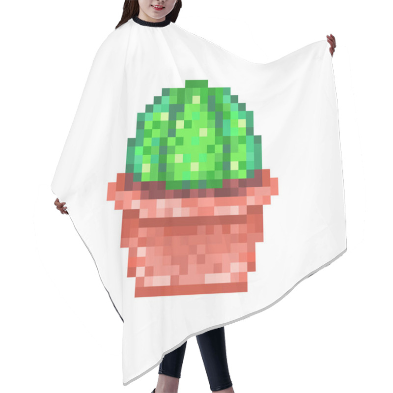 Personality  Green Cactus In Red Clay Flower Pot, Pixel Art Icon Isolated On  Hair Cutting Cape