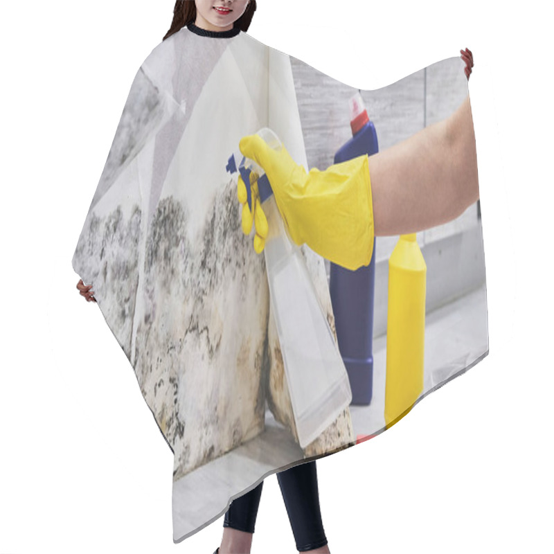 Personality  Housekeepers Hand With Glove Cleaning Mold From Wall With Sponge And Spray Bottle Hair Cutting Cape