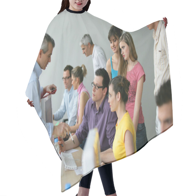 Personality  Businesspeople On An Education Training Hair Cutting Cape