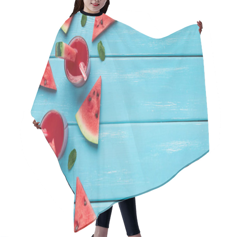 Personality  Watermelon Juice And Slices On Blue Wooden Background Hair Cutting Cape