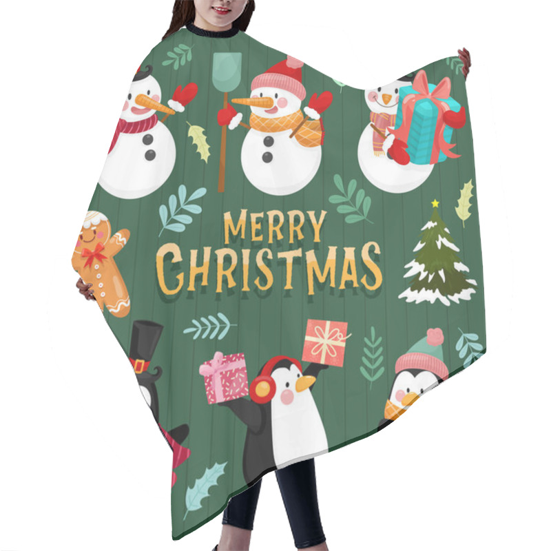 Personality  Merry Christmas Icon With Snowman, Pine, Leaves, Gift Boxes And Penguins. Hair Cutting Cape