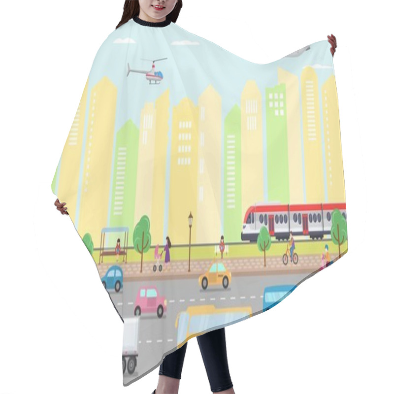 Personality  City Transportation Concept Vector Illustration. Urban Road Street Transport Traffic And People. Cars, Bus, Trucks, Train Taxi. Air Transportation Plane, Helicopter. Hair Cutting Cape