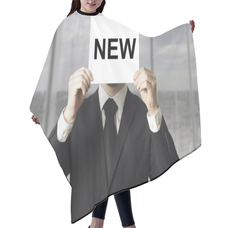 Personality  Businessman Hiding Face Behind Sign New Hair Cutting Cape