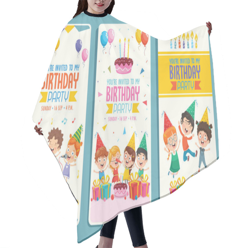 Personality  Vector Illustration Of Children Birthday Party Invitation Card Design Hair Cutting Cape