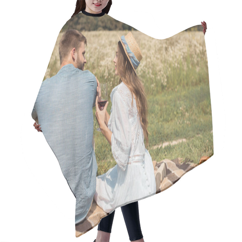 Personality  Back View Smiling Couple Having Picnic On Summer Meadow With Wild Flowers Around Hair Cutting Cape