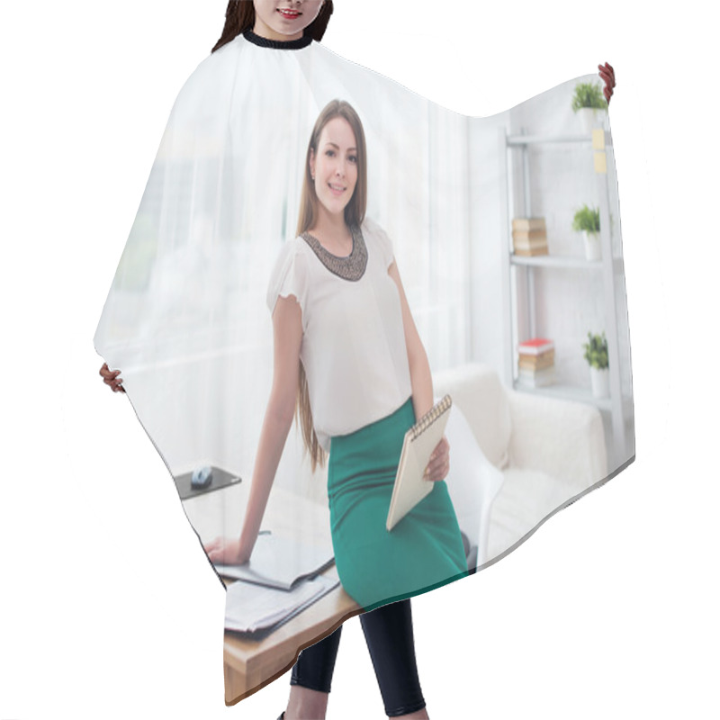 Personality  Portait Of Beautiful Successful Business Woman Hair Cutting Cape