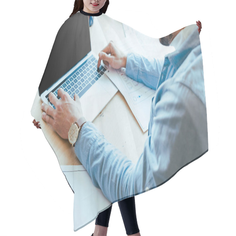 Personality  Cropped View Of IT Worker Using Laptop At Table In Coworking Space Hair Cutting Cape