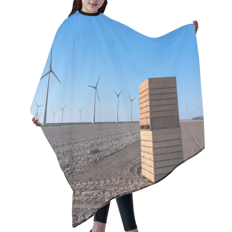 Personality  A Plowed Farmland With Wooden Crates, Wind Turbines In The Distance, Symbolizing Seed Preparation And Planting Season Hair Cutting Cape