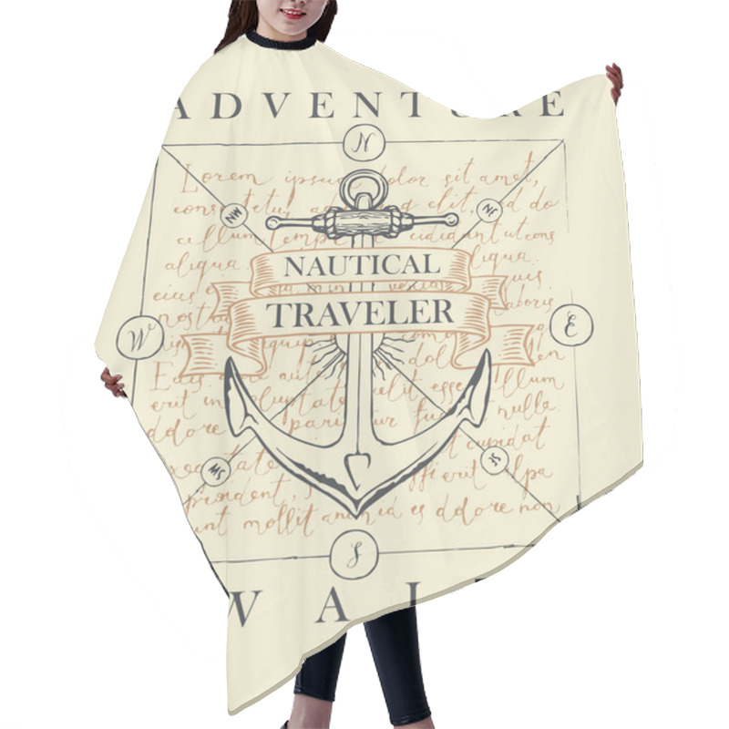 Personality  Vector Banner With A Ship Anchor And Ribbons With Words Adventure Awaits. Illustration On The Theme Of Travel, Adventure And Discovery On The Background Of Handwritten Text Lorem Ipsum In Retro Style Hair Cutting Cape