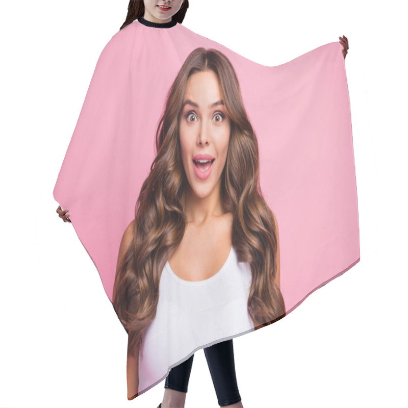 Personality  Photo Of Pretty Funny Wavy Lady Crazy Facial Expression Open Mouth Listen Cool News Amazing Successful Day Wear White Casual Singlet Isolated Bright Pink Color Background Hair Cutting Cape