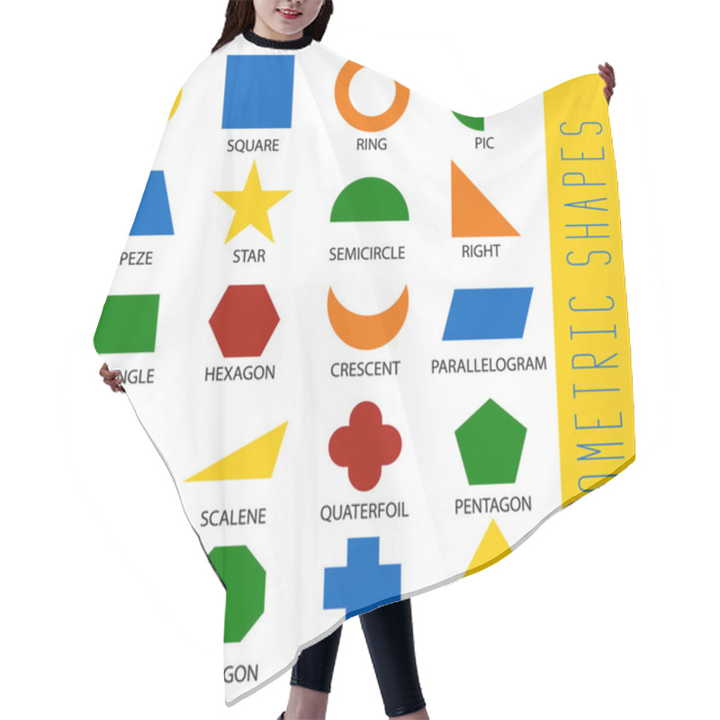 Personality  Educational Geometric Shapes Set. Understanding Geometry Preschool Poster For Teaching Square And Learning Basic Figure In School. Vector Flat Style Cartoon Shapes Illustration. Hair Cutting Cape