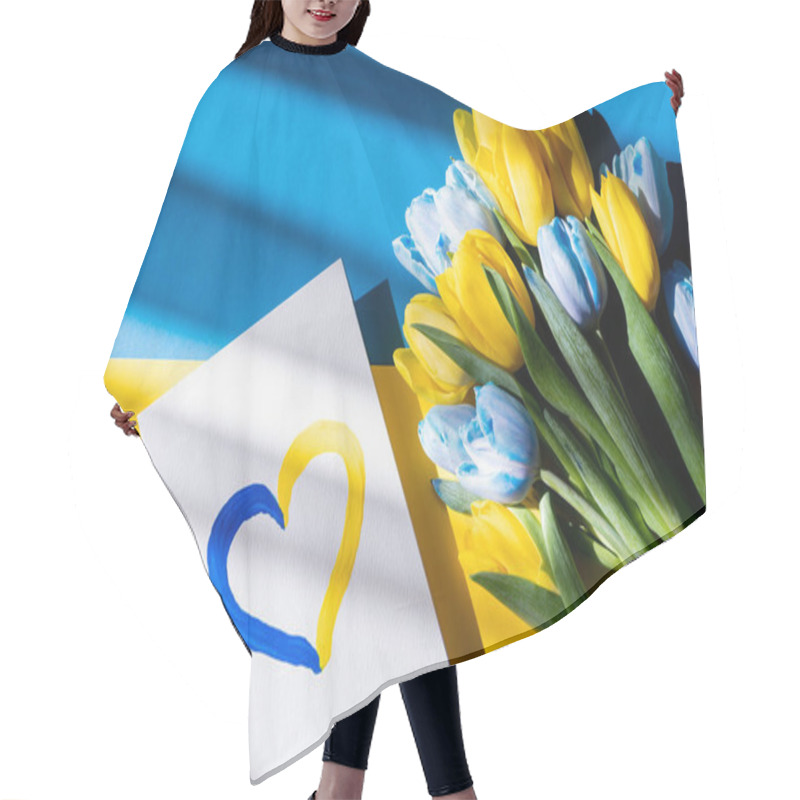 Personality  Top View Of Card With Painted Heart Sign Near Blue And Yellow Tulips On Ukrainian Flag Hair Cutting Cape