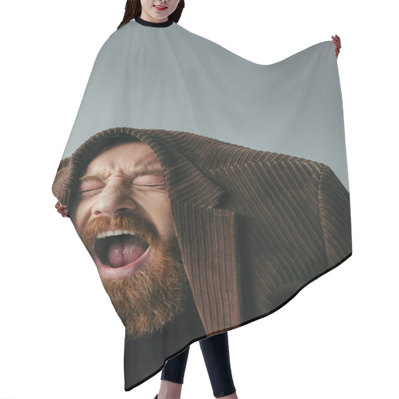 Personality  Bearded Man With Closed Eyes And Brown Blazer On Head Screaming Isolated On Grey  Hair Cutting Cape