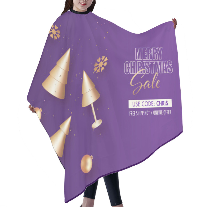 Personality  Merry Christmas Sale Poster Design With 3D Golden Xmas Trees, Baubles And Snowflakes On Purple Background. Hair Cutting Cape