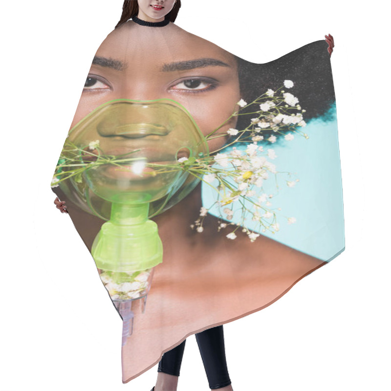 Personality  African American Young Woman With Flowers In Inhaler Isolated On Blue Background Hair Cutting Cape