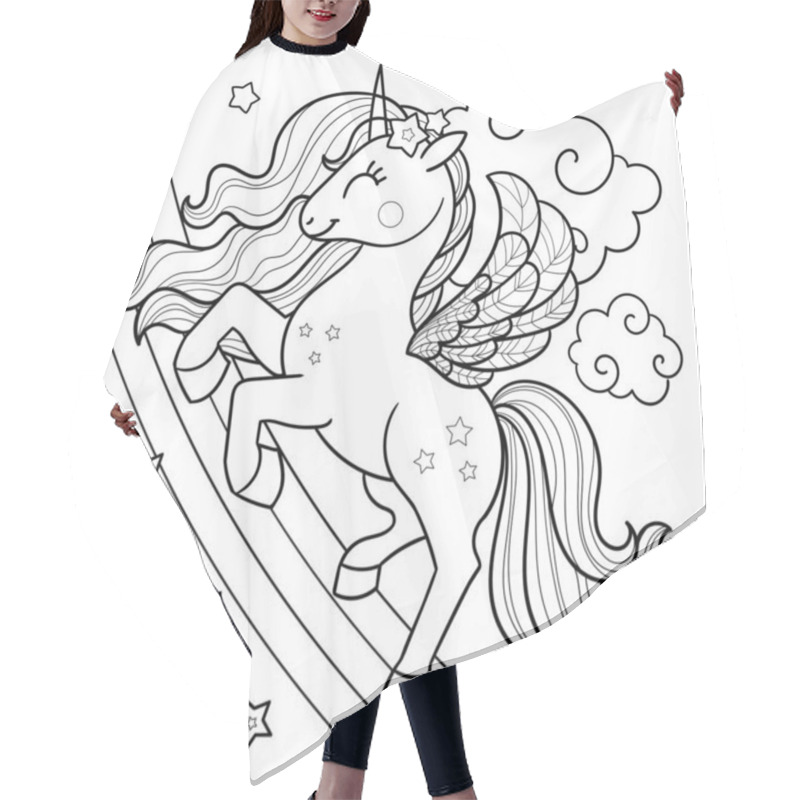 Personality  Cute Cartoon Unicorn With Rainbow And Stars. Black And White Linear Drawing. For Childrens Design Of Coloring Books, Prints, Posters, Stickers, Cards, Puzzles And So On. Vector Hair Cutting Cape