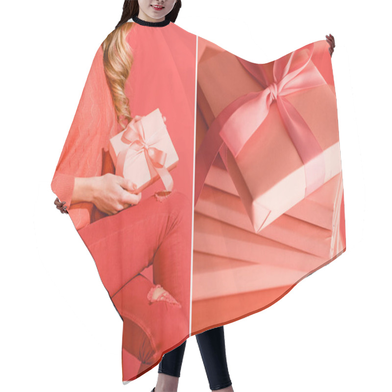 Personality  Collage With Living Coral Books And Elegant Girl With Present. Pantone Color Of The Year 2019 Concept Hair Cutting Cape