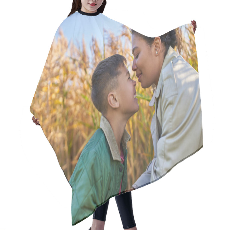 Personality  Happiness, Love, African American Mother In Autumnal Clothes Smiling With Son, Face To Face Hair Cutting Cape