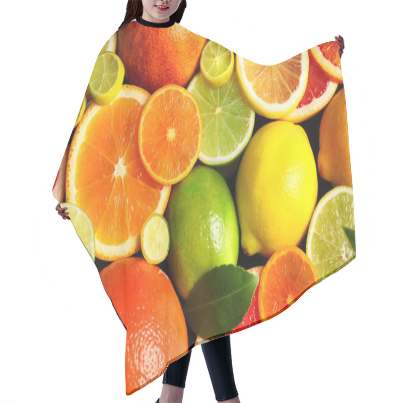 Personality  Sliced And Whole Citrus Fruits With Leaves As Background, Top View Hair Cutting Cape