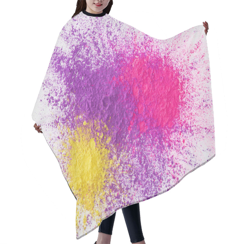 Personality  Top View Of Explosion Of Purple, Pink And Yellow Holi Powder On White Background Hair Cutting Cape