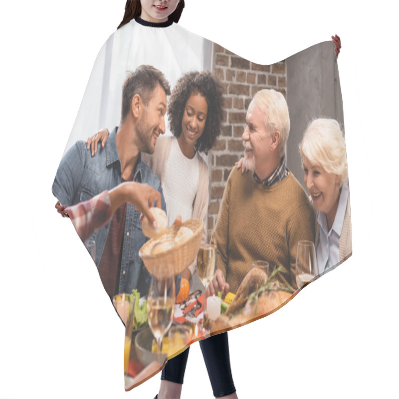 Personality  Selective Focus Of African American Girl Taking Bun Near Joyful Family On Thanksgiving  Hair Cutting Cape