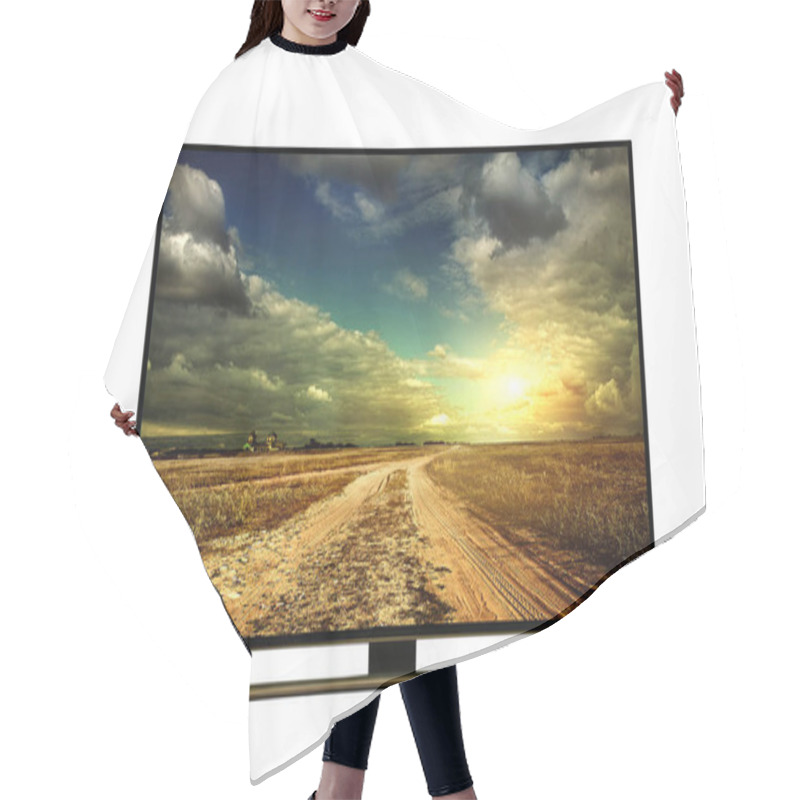 Personality  4k Monitor Isolated On White.  The Road Is Rural, Unpaved In The Steppes At Sunset. Modern, Elegant TV 4 K, With Incredibly Beautiful Colors Of The Image. Hair Cutting Cape