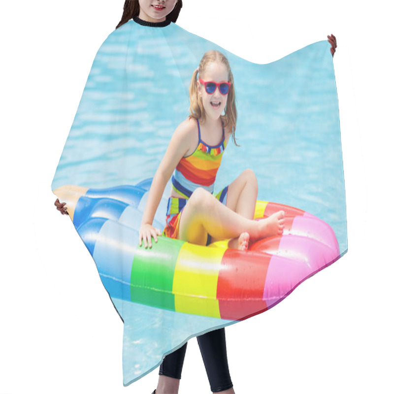 Personality  Happy Child On Inflatable Ice Cream Float In Outdoor Swimming Pool Of Tropical Resort. Summer Vacation With Kids. Swim Aids And Wear For Children. Water Toys. Little Girl Floating On Colorful Raft. Hair Cutting Cape