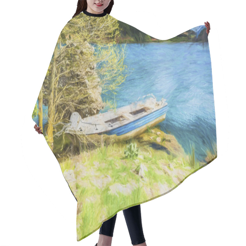 Personality  Fish Boat At Blue Lake In The Mountains - Painting Effect Hair Cutting Cape