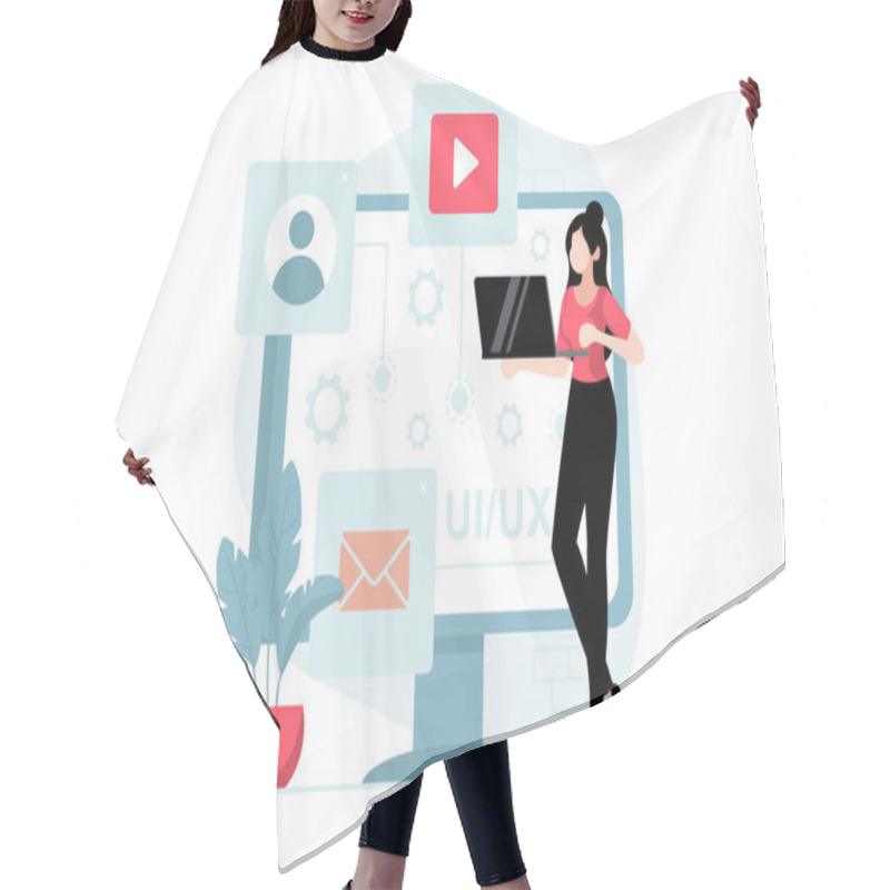 Personality  UI And UX Design Concept With People Scene In Flat Style. Woman Work As Designers, Create Interfaces And Content, Places Buttons On Template. Illustration With Character Situation For Web Hair Cutting Cape