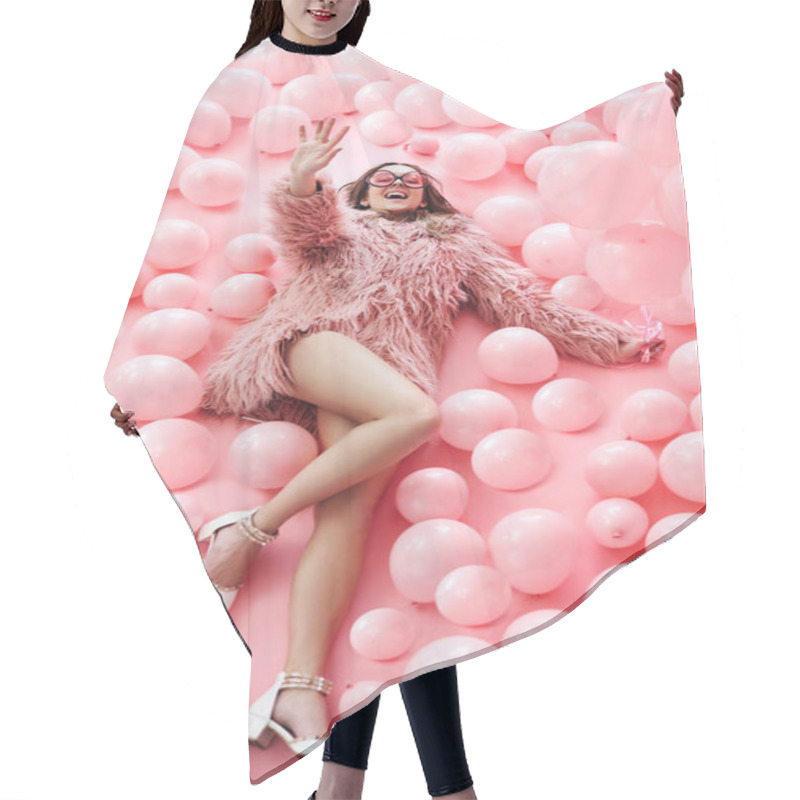 Personality  Top View Of Fashion Pretty Woman Lying In Many Pink Balloons Hair Cutting Cape