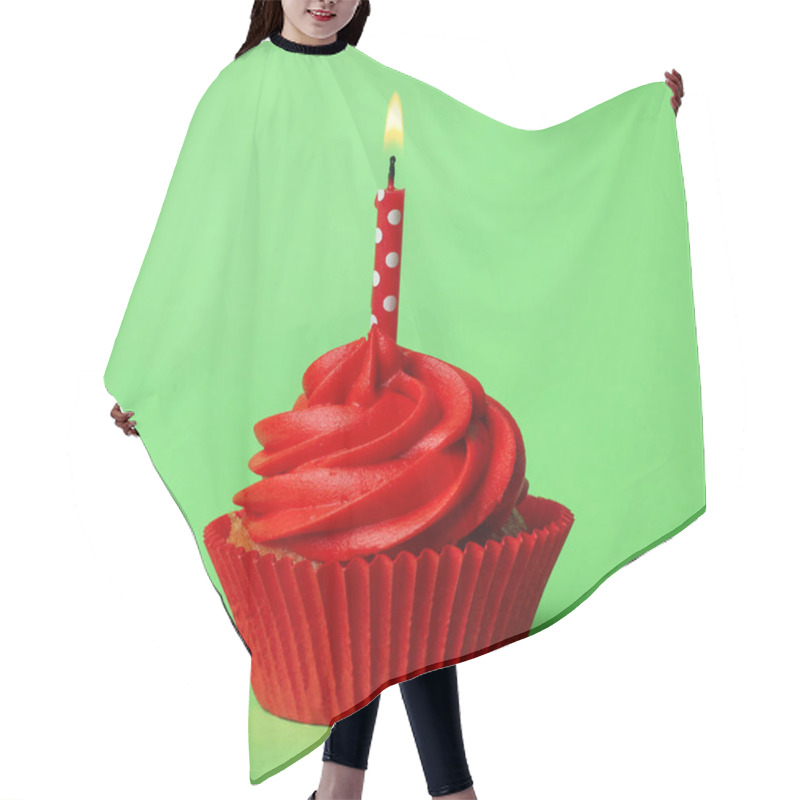 Personality  Delicious Birthday Cupcake With Red Cream And Burning Candle On Green Background Hair Cutting Cape