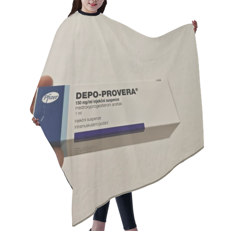 Personality  Prague, Czech Republic - July 9 2024: DEPO-PROVERA Box Of Medication With Medroxyprogesterone Acetate Active Substance By Pfizer, Used For Treatment Of Contraception, Menstrual Disorders, Endometriosi Hair Cutting Cape