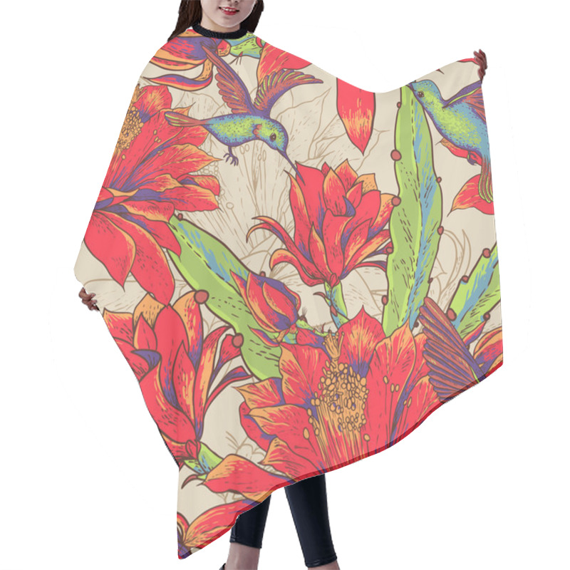 Personality  Seamless Background Flowers And Hummingbirds Hair Cutting Cape