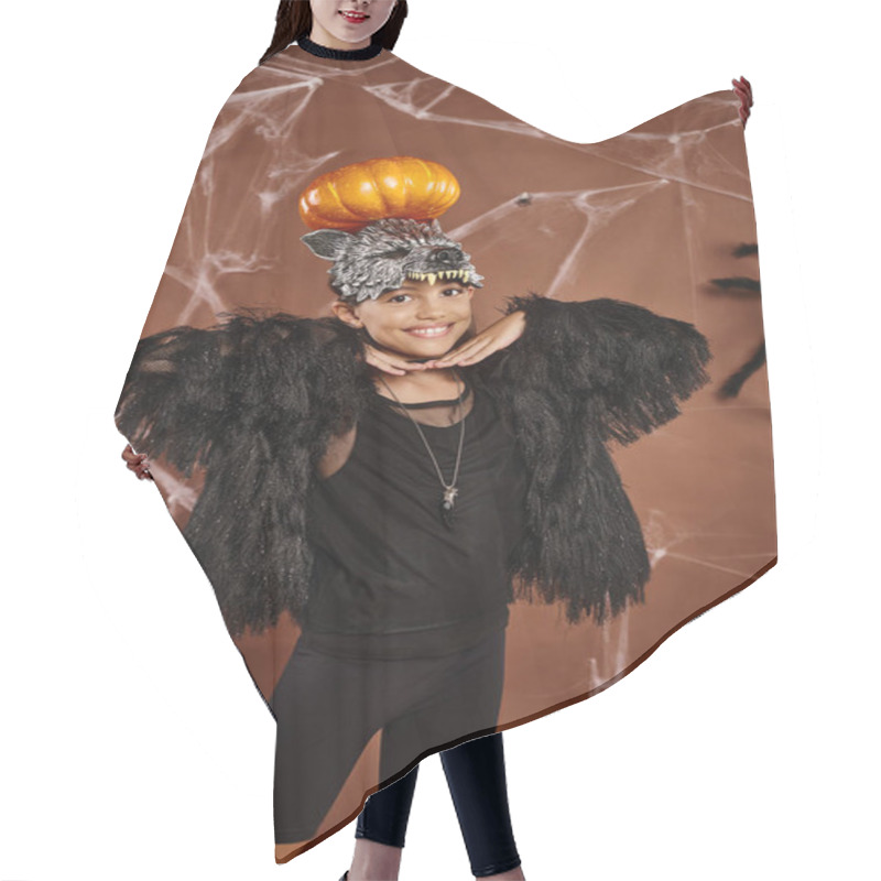 Personality  Close Up Smiling Preteen Girl With Pumpkin On Her Head And Hands Under Chin, Halloween Hair Cutting Cape