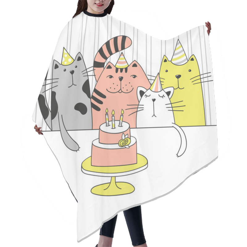 Personality  Four Cute Cartoon Cats In The Birthday Party. Vector Illustration. Hair Cutting Cape