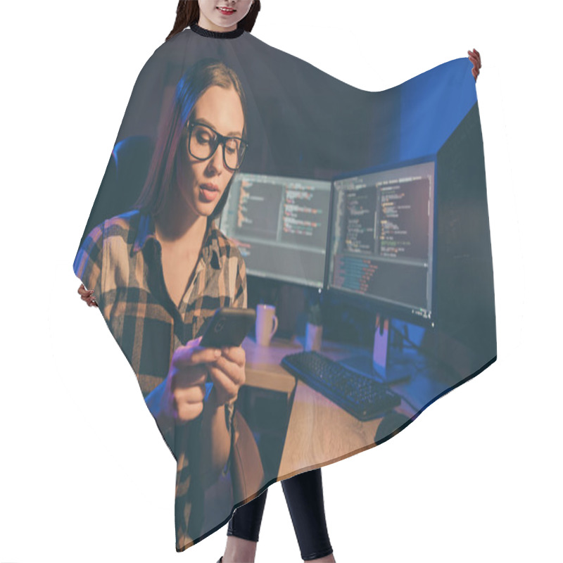 Personality  Photo Of Cute Girl Wearing Spectacles Working On Startup And Project At New Generation Of Information Technologies Using Javascript Hair Cutting Cape