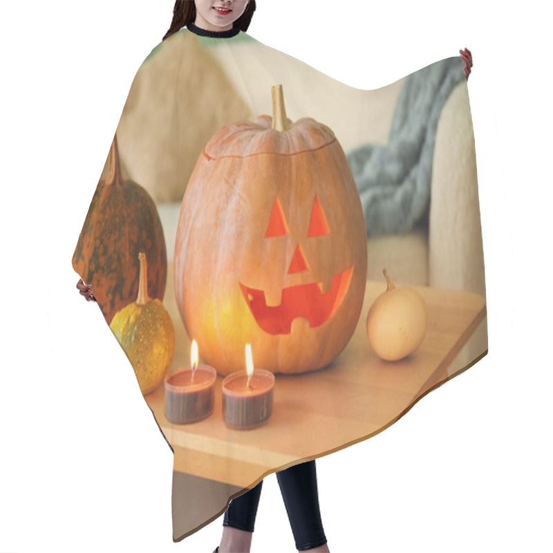 Personality  Halloween Pumpkins With Burning Candles On Table In Living Room Hair Cutting Cape