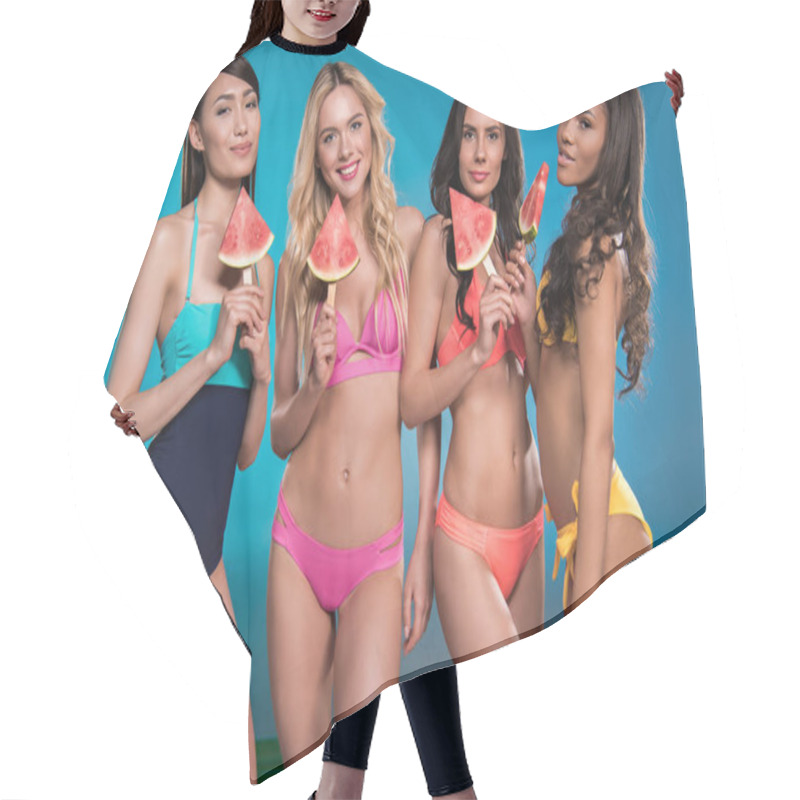 Personality  Women In Swimsuits Posing With Watermelon Slices Hair Cutting Cape