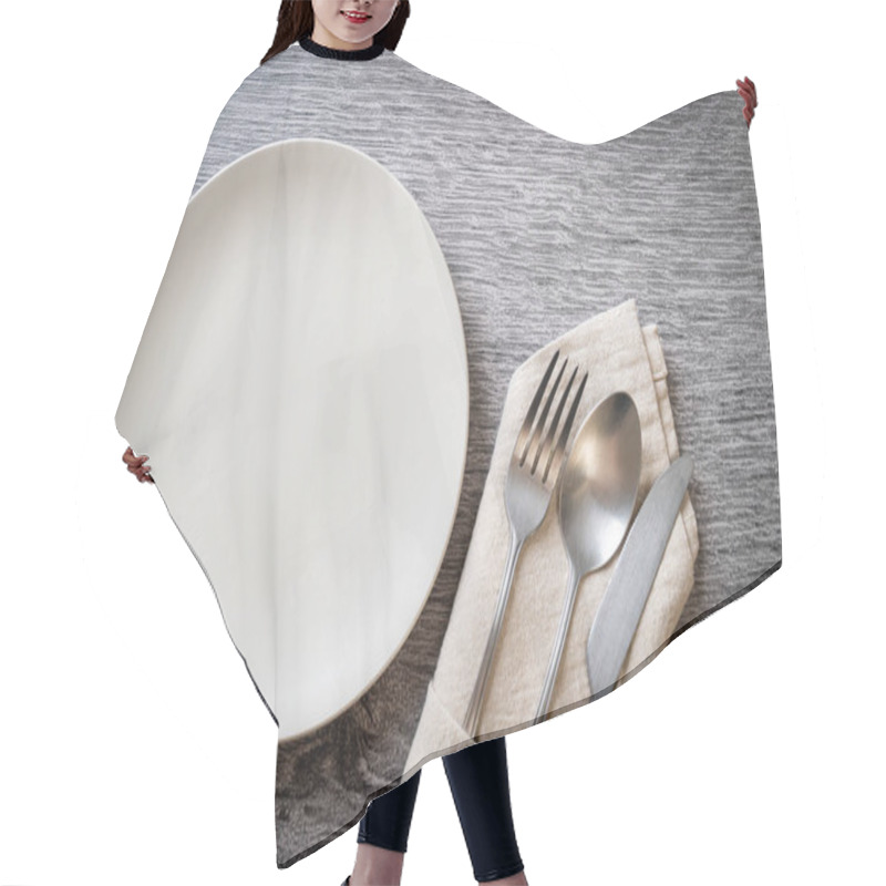 Personality  Empty Plate Or Dish With Knife, Fork And Spoon On Wood Tile Background Hair Cutting Cape