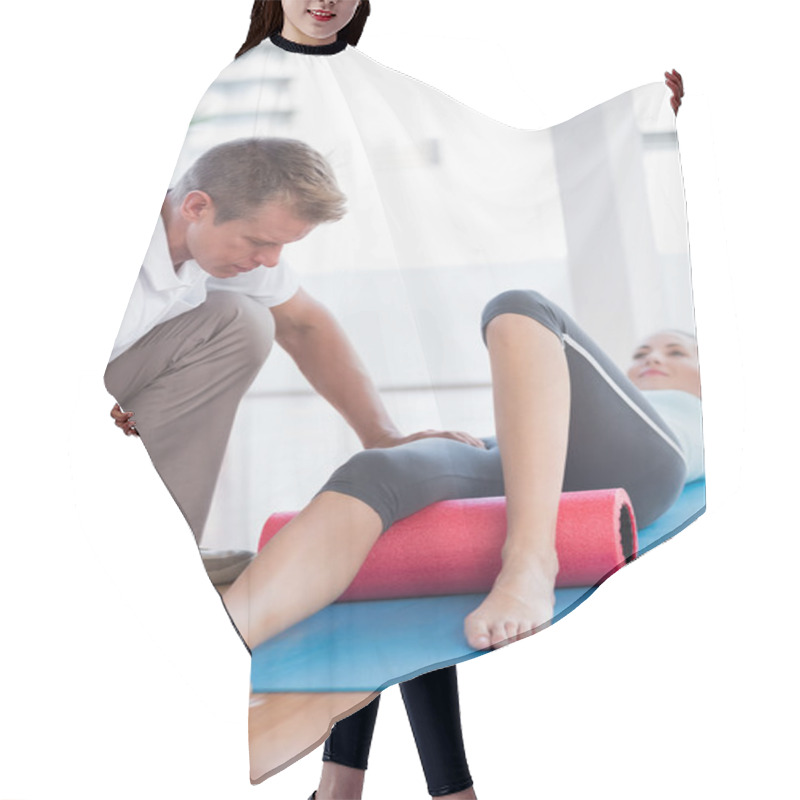 Personality  Trainer Working With Woman On Exercise Mat  Hair Cutting Cape