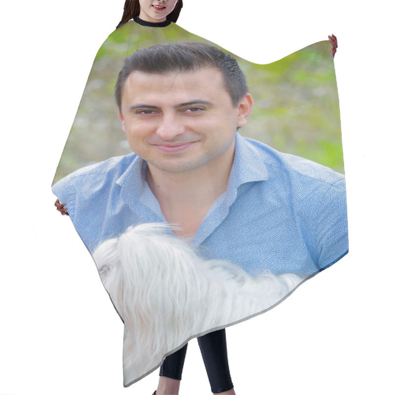 Personality  Man Portrait With Dog Hair Cutting Cape