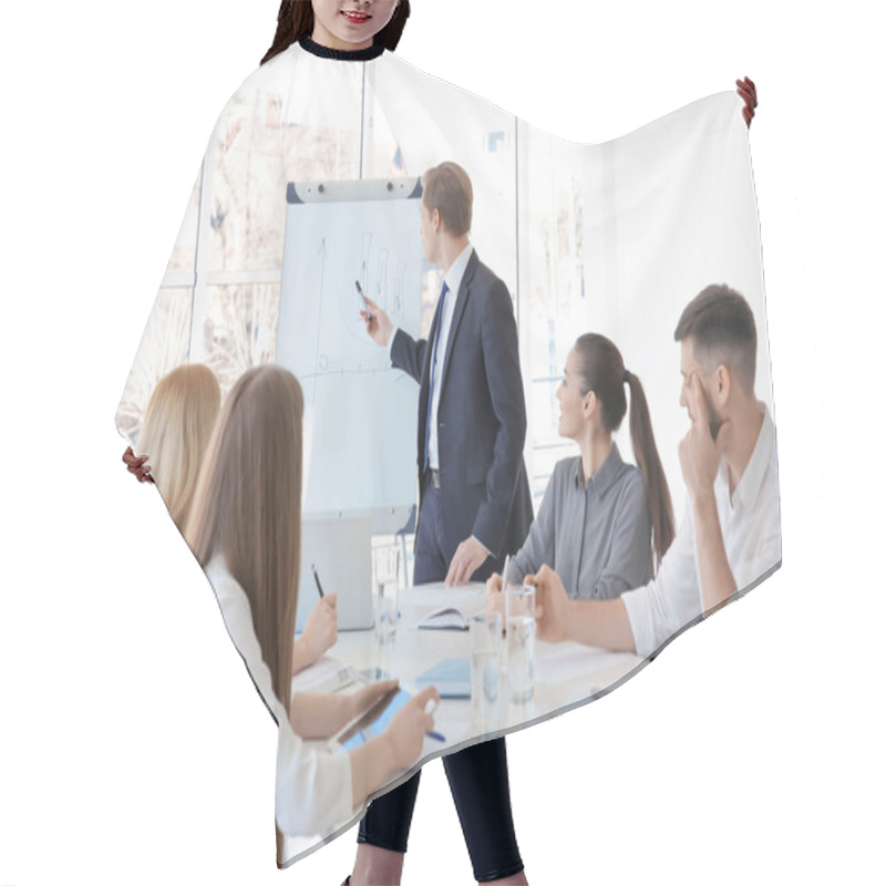 Personality  Business Trainer Giving Presentation To Group Of People Hair Cutting Cape