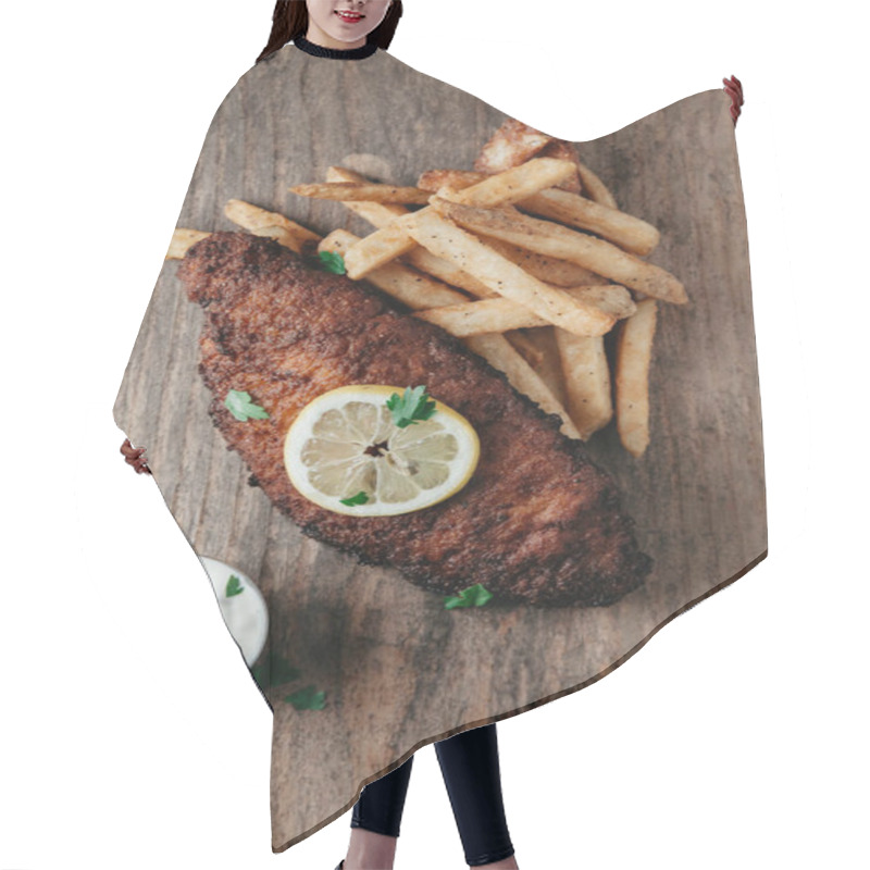 Personality  Fried Catfish Served With French Fries On Rustic Background Hair Cutting Cape