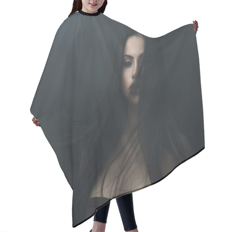 Personality  Mysterious Portrait Of A Girl In  Dark  Fog Hair Cutting Cape