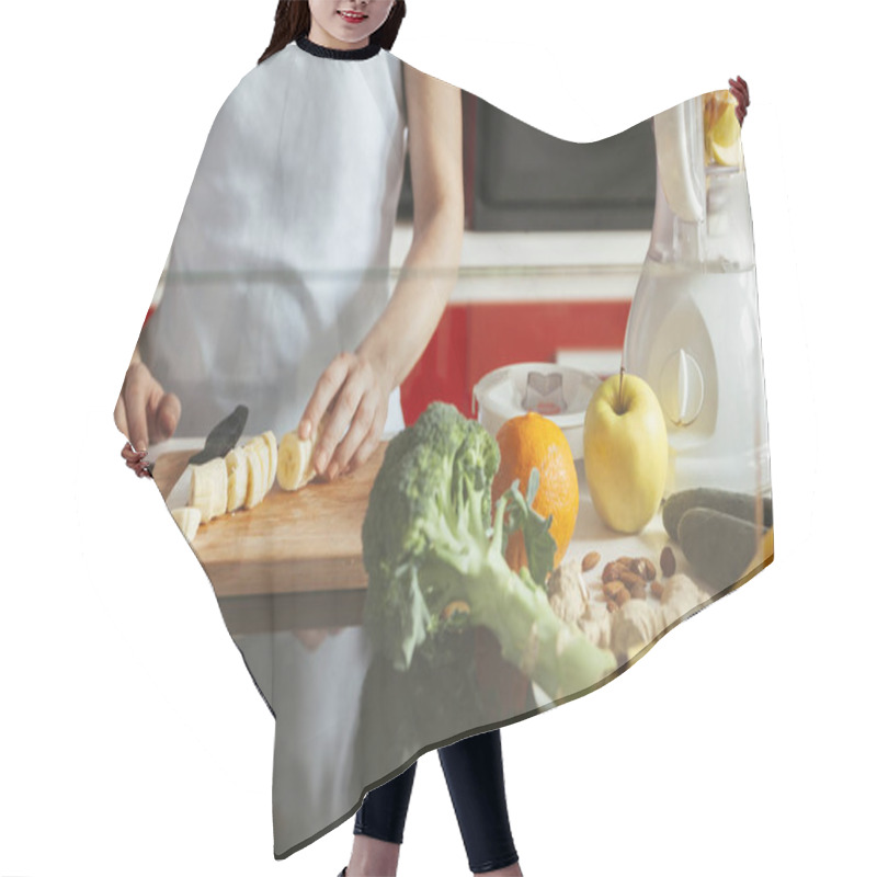 Personality  Young Woman In A Kitchen Hair Cutting Cape